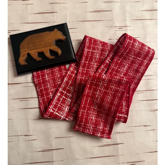 Holiday Card Holder Black Wooden Topper Brown Bear with Red Plaid Ribbon - Picture 2 of 4